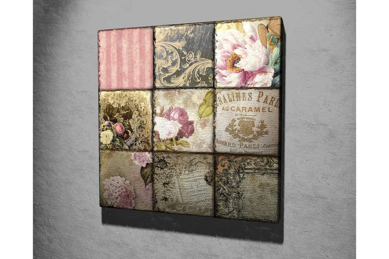 Canvastavla - Mosaik av vintage-inspirerade mönster och blommor - Rosa / Guld / Beige - Inredning - Tavlor & posters - Canvastavla