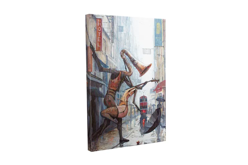 Canvastavla - Musikaliska figurer som dansar i regnet på en stadsgata, Röd / Brun / Grå