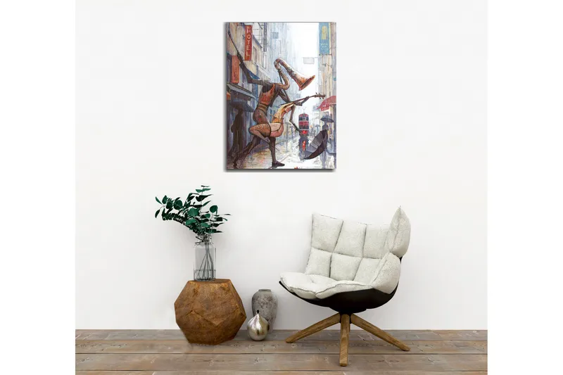 Canvastavla - Musikaliska figurer som dansar i regnet på en stadsgata - Röd / Brun / Grå - Inredning - Tavlor & posters - Canvastavla