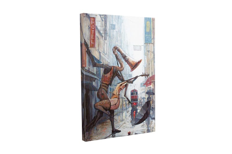 Canvastavla - Musikaliska figurer som dansar i regnet på en stadsgata, Röd / Brun / Grå