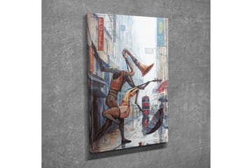 Canvastavla - Musikaliska figurer som dansar i regnet på en stadsgata - Röd / Brun / Grå - Inredning - Tavlor & posters - Canvastavla