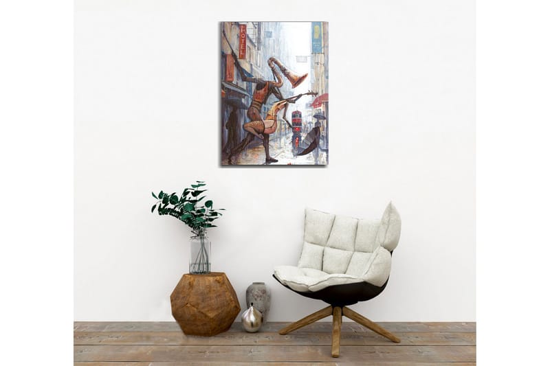 Canvastavla - Musikaliska figurer som dansar i regnet på en stadsgata - Röd / Brun / Grå - Inredning - Tavlor & posters - Canvastavla