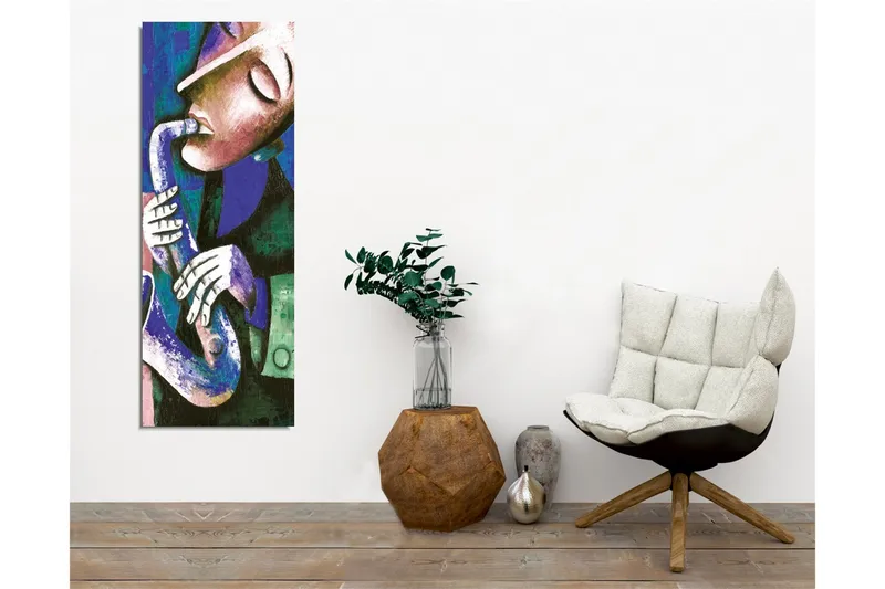 Canvastavla - Musiker som spelar saxofon med uttrycksfulla drag - Mörkblå / Grön / Vit - Inredning - Tavlor & posters - Canvastavla