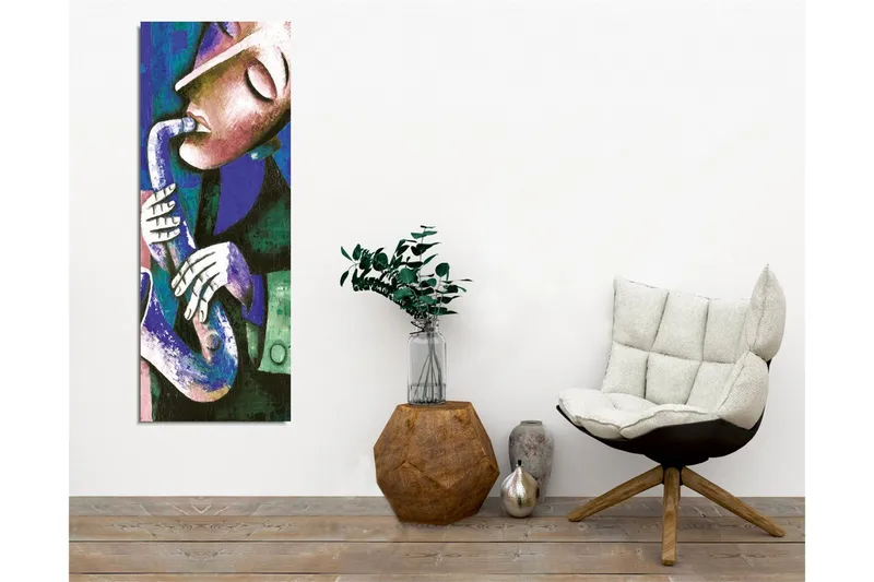 Canvastavla - Musiker som spelar saxofon med uttrycksfulla drag - Mörkblå / Grön / Vit - Inredning - Tavlor & posters - Canvastavla