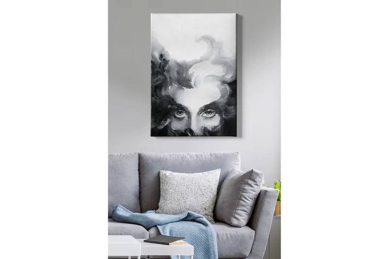 Canvastavla - Mystisk ansikte med intensiva ögon i en dimmig komposition - Svart / Grå / Vit - Inredning - Tavlor & posters - Canvastavla