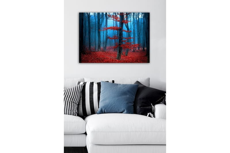 Canvastavla - Mystisk skog med röda träd i dimma - Röd / Blå / Grå - Inredning - Tavlor & posters - Canvastavla