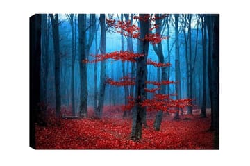 Canvastavla - Mystisk skog med röda träd i dimma - Röd / Blå / Grå - Inredning - Tavlor & posters - Canvastavla