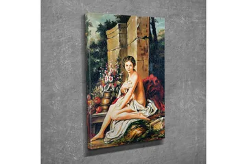 Canvastavla - Naken kvinna sittande vid en blomsterbukett och en kruka - Hudton / Grön / Röd - Inredning - Tavlor & posters - Canvastavla