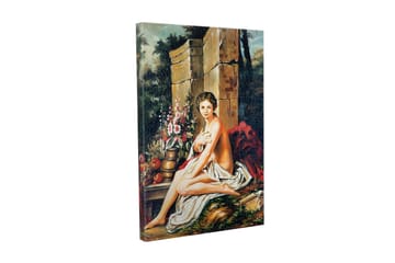 Canvastavla - Naken kvinna sittande vid en blomsterbukett och en kruka - Hudton / Grön / Röd - Inredning - Tavlor & posters - Canvastavla