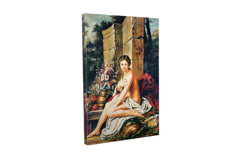 Canvastavla - Naken kvinna sittande vid en blomsterbukett och en kruka, Hudton / Grön / Röd