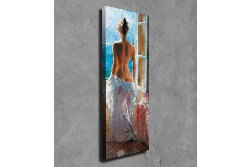 Canvastavla - Naken kvinna som står vid ett fönster med utsikt över havet - Blå / Vit / Beige - Inredning - Tavlor & posters - Canvastavla