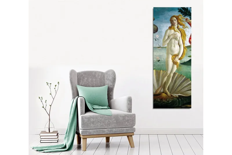 Canvastavla - Naken kvinna som står på en snäcka vid havet - Ljusblå / Hudfärgad / Grön - Inredning - Tavlor & posters - Canvastavla