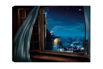 Canvastavla - Nattutsikt genom ett öppet fönster med stjärnor och stadsljus - Mörkblå / Ljusblå / Grå - Inredning - Tavlor & posters - Canvastavla