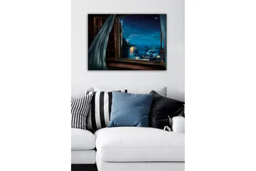 Canvastavla - Nattutsikt genom ett öppet fönster med stjärnor och stadsljus - Mörkblå / Ljusblå / Grå - Inredning - Tavlor & posters - Canvastavla