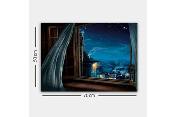 Canvastavla - Nattutsikt genom ett öppet fönster med stjärnor och stadsljus - Mörkblå / Ljusblå / Grå - Inredning - Tavlor & posters - Canvastavla