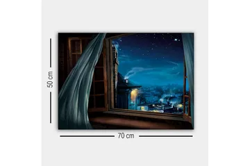 Canvastavla - Nattutsikt genom ett öppet fönster med stjärnor och stadsljus - Mörkblå / Ljusblå / Grå - Inredning - Tavlor & posters - Canvastavla