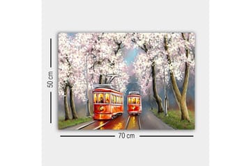 Canvastavla - Röda spårvagnar under blommande körsbärsträd - Röd / Rosa / Grön - Inredning - Tavlor & posters - Canvastavla