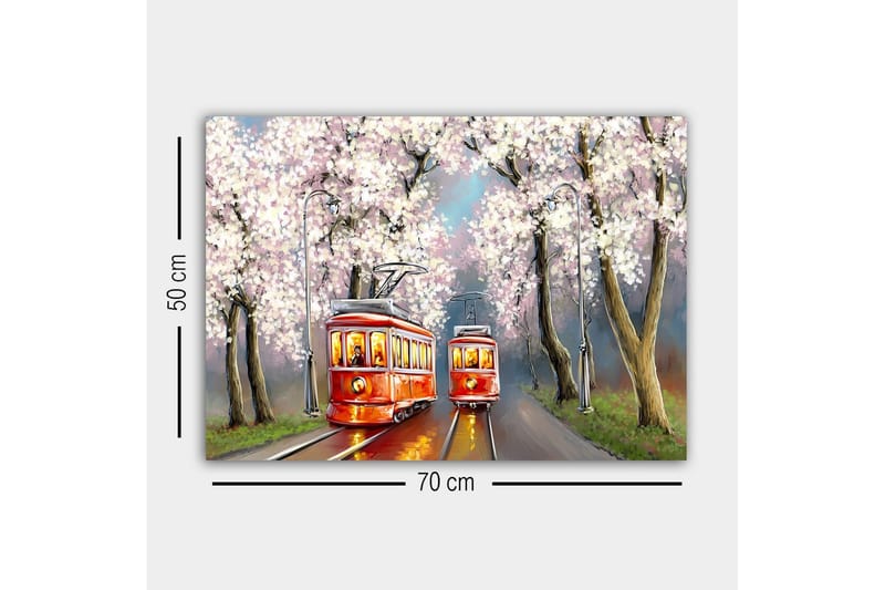 Canvastavla - Röda spårvagnar under blommande körsbärsträd - Röd / Rosa / Grön - Inredning - Tavlor & posters - Canvastavla