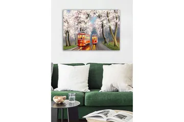 Canvastavla - Röda spårvagnar under blommande körsbärsträd - Röd / Rosa / Grön - Inredning - Tavlor & posters - Canvastavla