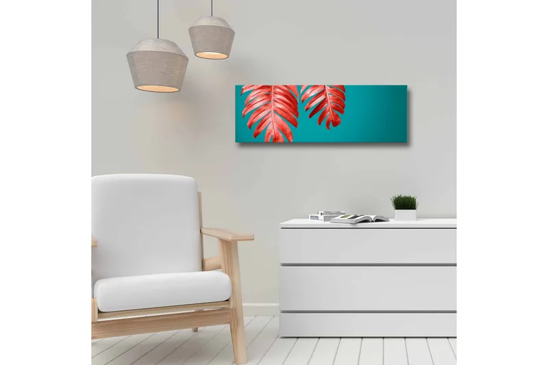 Canvastavla - Röda palmblad mot en turkos bakgrund - Röd / Turkos - Inredning - Tavlor & posters - Canvastavla