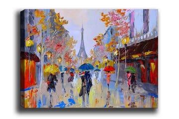 Canvastavla - Regnig gatubild med människor under paraplyer i en stadsmiljö - Gult / Rött / Blått - Inredning - Tavlor & posters - Canvastavla