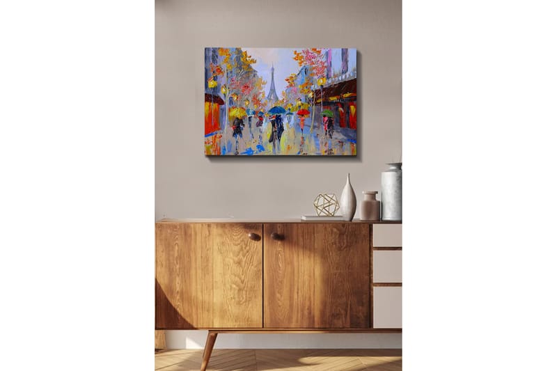 Canvastavla - Regnig gatubild med människor under paraplyer i en stadsmiljö - Gult / Rött / Blått - Inredning - Tavlor & posters - Canvastavla