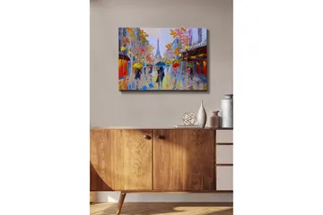 Canvastavla - Regnig gatubild med människor under paraplyer i en stadsmiljö - Gult / Rött / Blått - Inredning - Tavlor & posters - Canvastavla