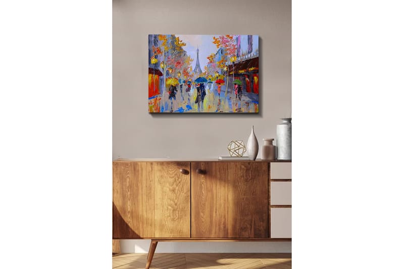 Canvastavla - Regnig gatubild med människor under paraplyer i en stadsmiljö - Gult / Rött / Blått - Inredning - Tavlor & posters - Canvastavla