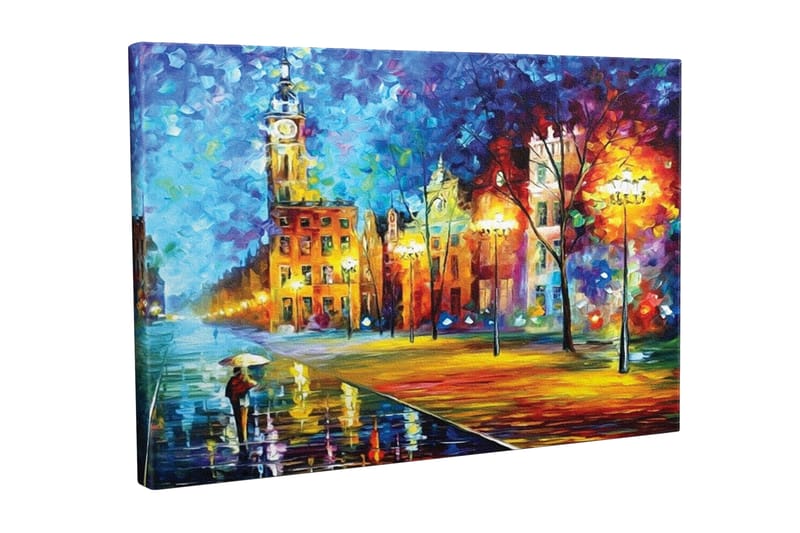 Canvastavla - Regnig stadsbild med en person som bär ett paraply - Blå / Orange / Gul - Inredning - Tavlor & posters - Canvastavla