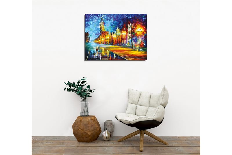 Canvastavla - Regnig stadsbild med en person som bär ett paraply - Blå / Orange / Gul - Inredning - Tavlor & posters - Canvastavla