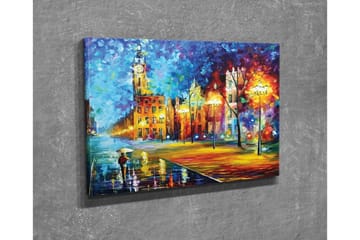 Canvastavla - Regnig stadsbild med en person som bär ett paraply - Blå / Orange / Gul - Inredning - Tavlor & posters - Canvastavla