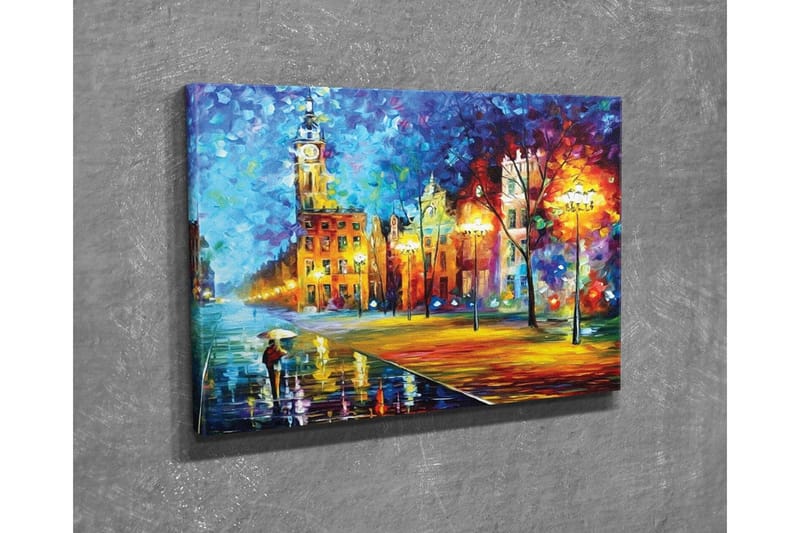 Canvastavla - Regnig stadsbild med en person som bär ett paraply - Blå / Orange / Gul - Inredning - Tavlor & posters - Canvastavla