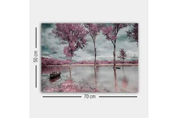 Canvastavla - Rosa träd vid en spegelblanka sjö med en båt i förgrunden - Rosa / Grå / Blå - Inredning - Tavlor & posters - Canvastavla