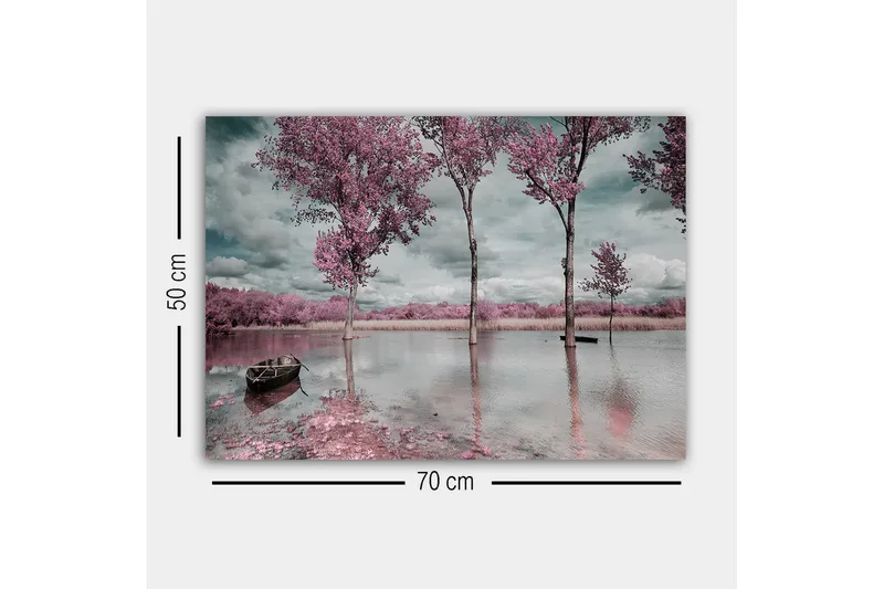 Canvastavla - Rosa träd vid en spegelblanka sjö med en båt i förgrunden - Rosa / Grå / Blå - Inredning - Tavlor & posters - Canvastavla