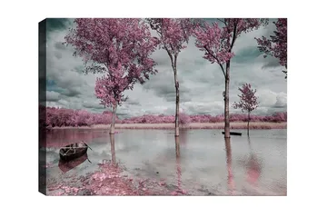 Canvastavla - Rosa träd vid en spegelblanka sjö med en båt i förgrunden - Rosa / Grå / Blå - Inredning - Tavlor & posters - Canvastavla