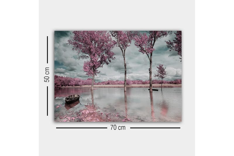 Canvastavla - Rosa träd vid en spegelblanka sjö med en båt i förgrunden - Rosa / Grå / Blå - Inredning - Tavlor & posters - Canvastavla