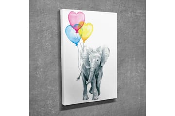 Canvastavla - Söt elefant som håller i färgglada hjärtformade ballonger - Grå / Rosa / Blå - Inredning - Tavlor & posters - Canvastavla