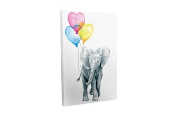 Canvastavla - Söt elefant som håller i färgglada hjärtformade ballonger - Grå / Rosa / Blå - Inredning - Tavlor & posters - Canvastavla
