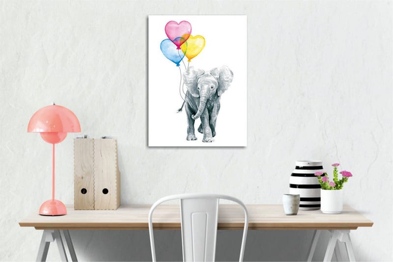 Canvastavla - Söt elefant som håller i färgglada hjärtformade ballonger - Grå / Rosa / Blå - Inredning - Tavlor & posters - Canvastavla