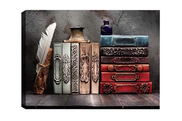 Canvastavla - Samling av antika böcker med dekorativa ryggar och en fjäderpenna - Mörkröd / Grön / Blå - Inredning - Tavlor & posters - Canvastavla