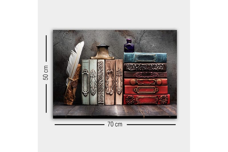 Canvastavla - Samling av antika böcker med dekorativa ryggar och en fjäderpenna - Mörkröd / Grön / Blå - Inredning - Tavlor & posters - Canvastavla