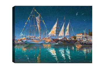 Canvastavla - Segelbåtar i en hamn under stjärnklar himmel - Mörkblå / Turkos / Vit - Inredning - Tavlor & posters - Canvastavla