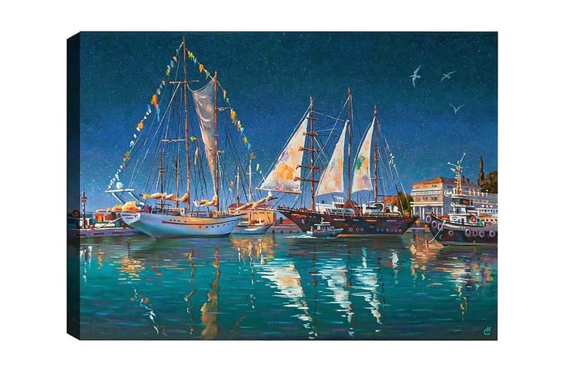 Canvastavla - Segelbåtar i en hamn under stjärnklar himmel, Mörkblå / Turkos / Vit