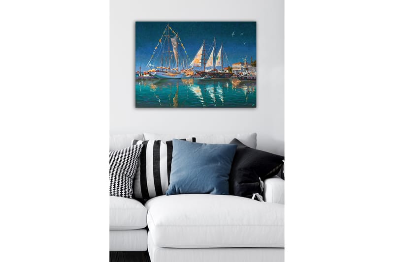 Canvastavla - Segelbåtar i en hamn under stjärnklar himmel - Mörkblå / Turkos / Vit - Inredning - Tavlor & posters - Canvastavla