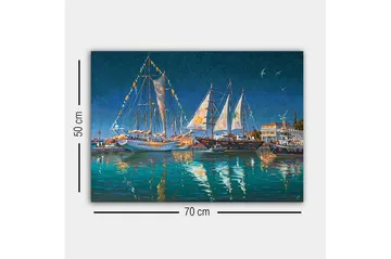 Canvastavla - Segelbåtar i en hamn under stjärnklar himmel - Mörkblå / Turkos / Vit - Inredning - Tavlor & posters - Canvastavla