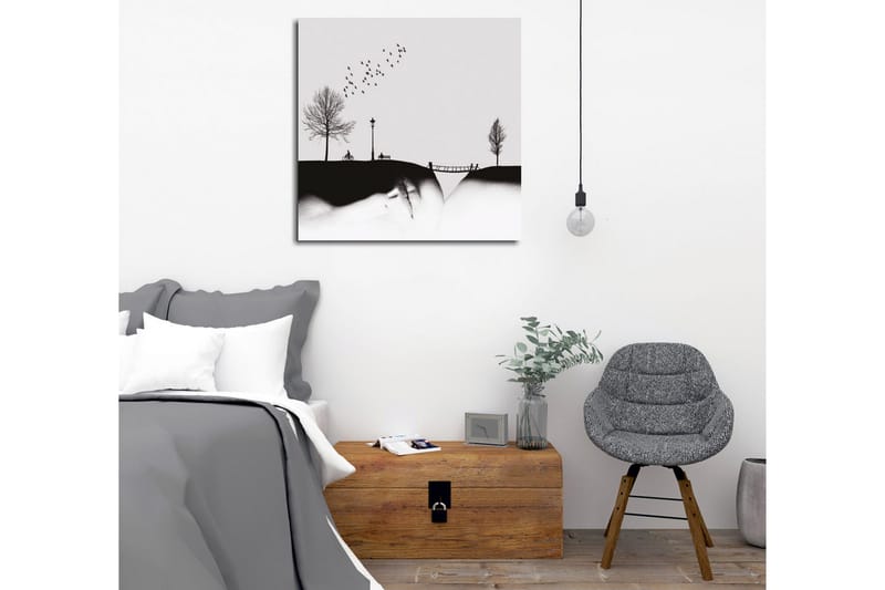 Canvastavla - Silhuett av en park med träd, bänk och fåglar i flykt - Svart / Grå - Inredning - Tavlor & posters - Canvastavla