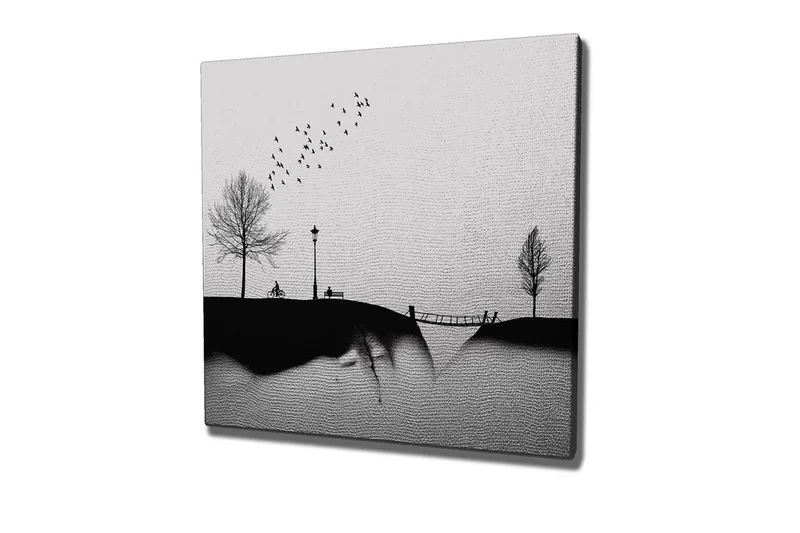 Canvastavla - Silhuett av en park med träd, bänk och fåglar i flykt - Svart / Grå - Inredning - Tavlor & posters - Canvastavla