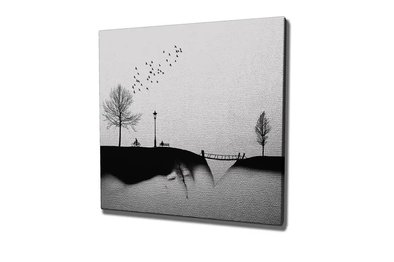 Canvastavla - Silhuett av en park med träd, bänk och fåglar i flykt, Svart / Grå