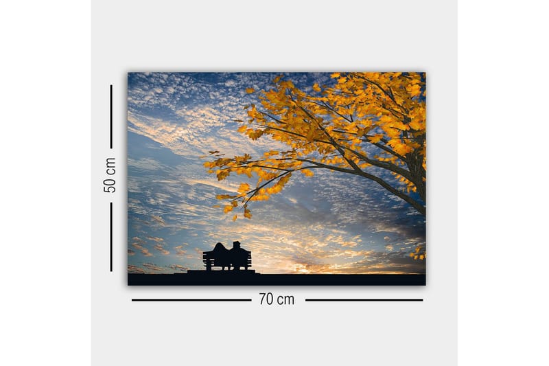 Canvastavla - Silhuett av ett par som sitter på en bänk under ett träd med gyllene höstlöv - Guld / Blå / Svart - Inredning - Tavlor & posters - Canvastavla