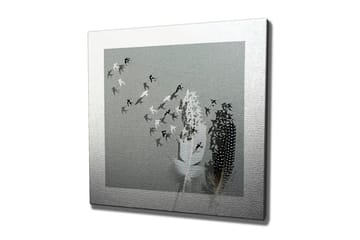 Canvastavla - Silhuetter av fåglar som flyger bort från en vas med fjädrar - Svart / Vitt / Grått - Inredning - Tavlor & posters - Canvastavla